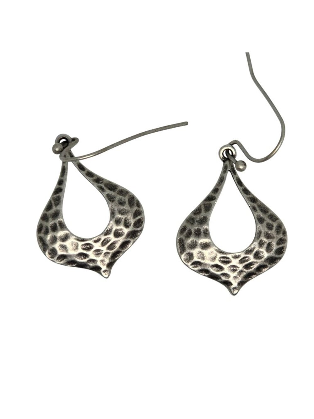 Hammered Silver Tone Open Teardrop Dangle Earrings Artisan Boho Pierced